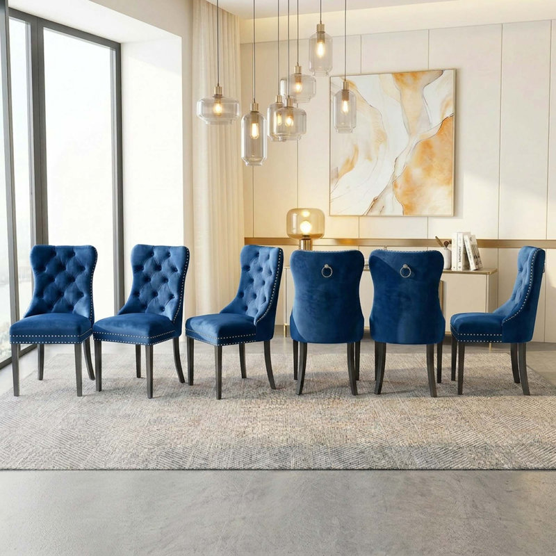 6-Piece Velvet Dining Chair Set, With Pull Ring & Nailhead Trim, For Kitchen & Dining Room, Blue, 6