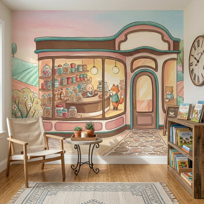 Papier peint pastel café, illustration de livre de contes, animaux mignons, décoration murale amovible