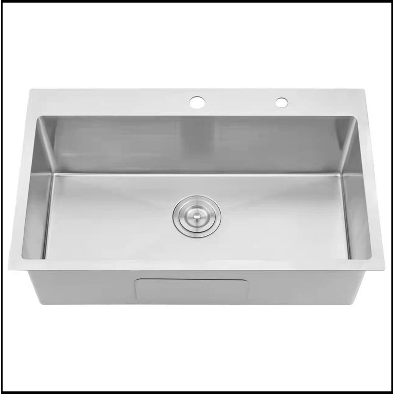 Évier de cuisine à cuve simple en acier inoxydable à 2 trous avec grille inférieure et crépine
