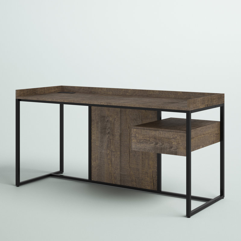 Lochlan Steel Writing Desk with Built-In Electrical Outlet, Rustic Oak