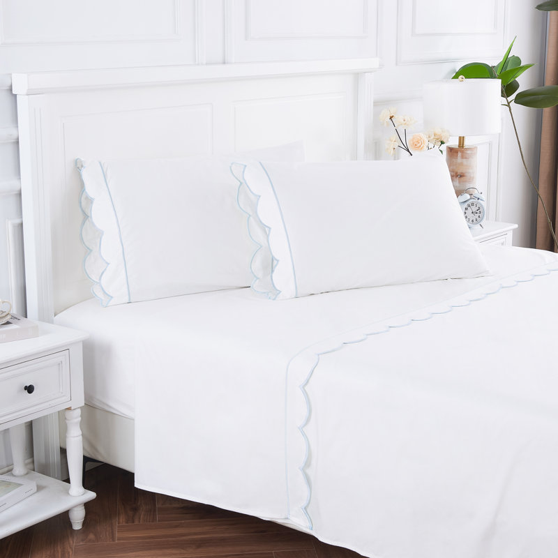 Scallop Frame Percale Sheet Set, Blue, Twin Sheet Set with 1 Pillowcase