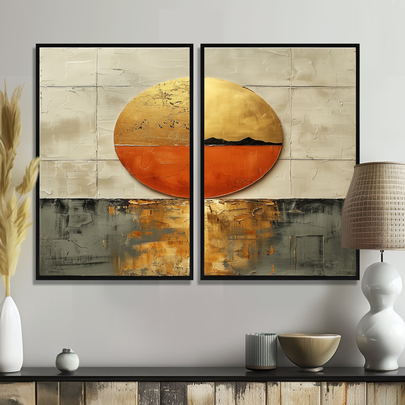 Coucher de soleil japonais doré sur lac - grand art mural japonais 2 pièces, Black, 36" H x 48" W