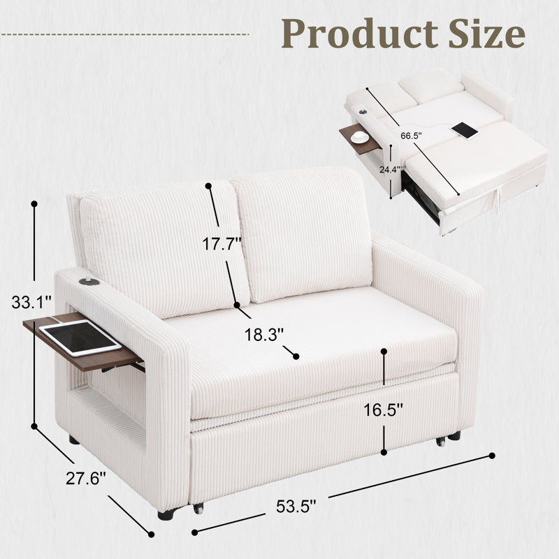 Upholstered Convertible Sleeper Sofa featuring USB Ports and Side Pocket, Beige Corduroy