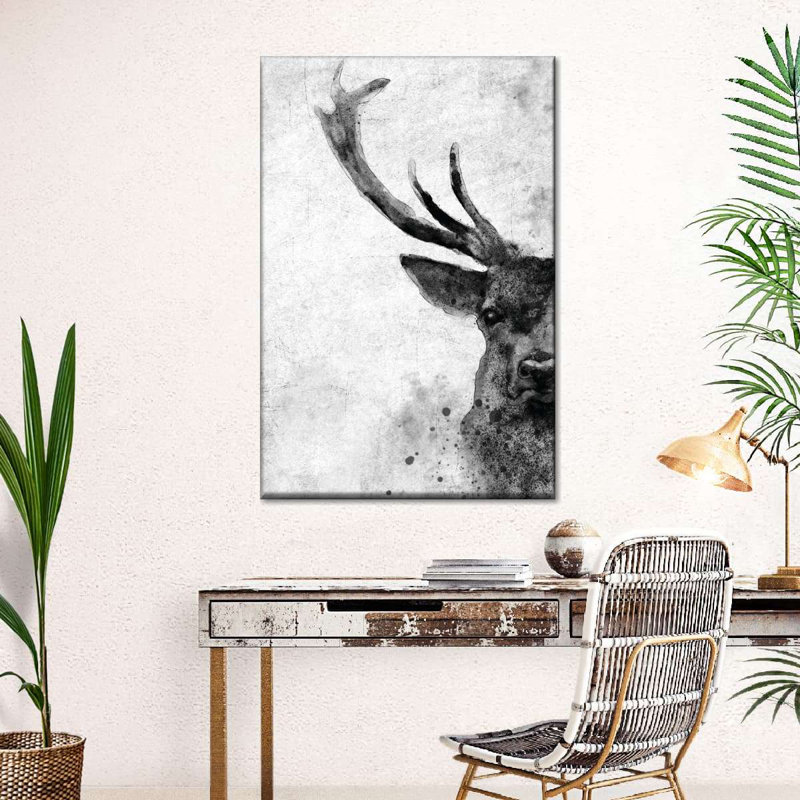 Visage de cerf noir et blanc sur toile, H 39 po x l 26 po x P 1,25 po