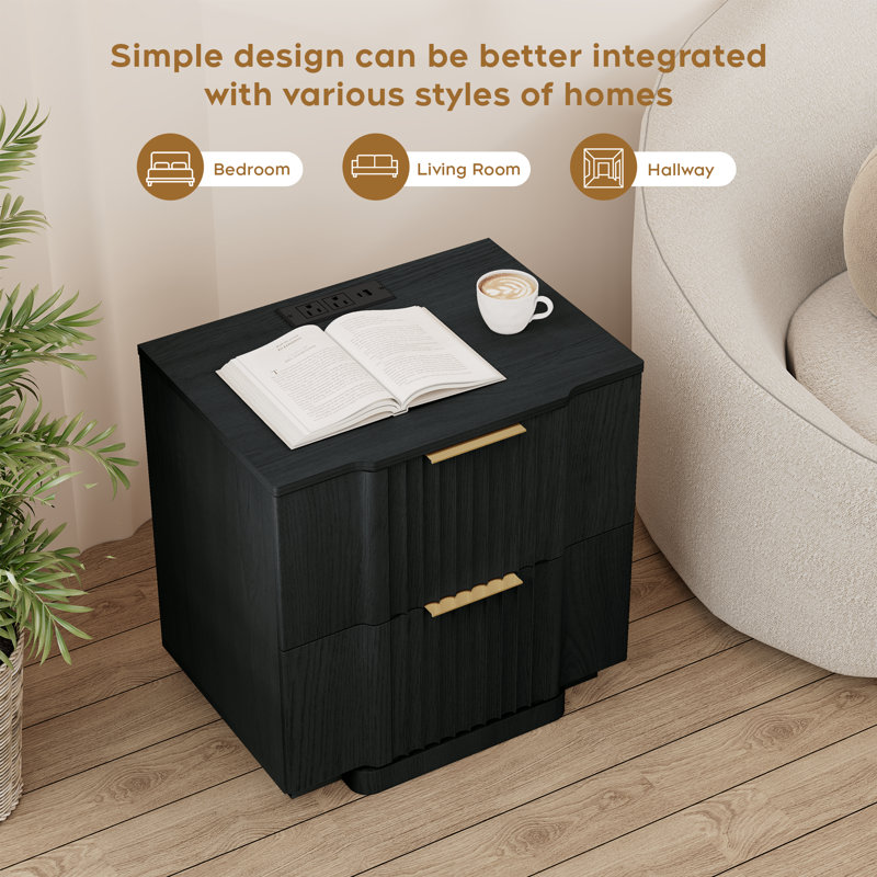 Designer Modern Minimalist Style 2-drawer Fluted Panel Nightstand With Charging Station（set Of 2）, Black