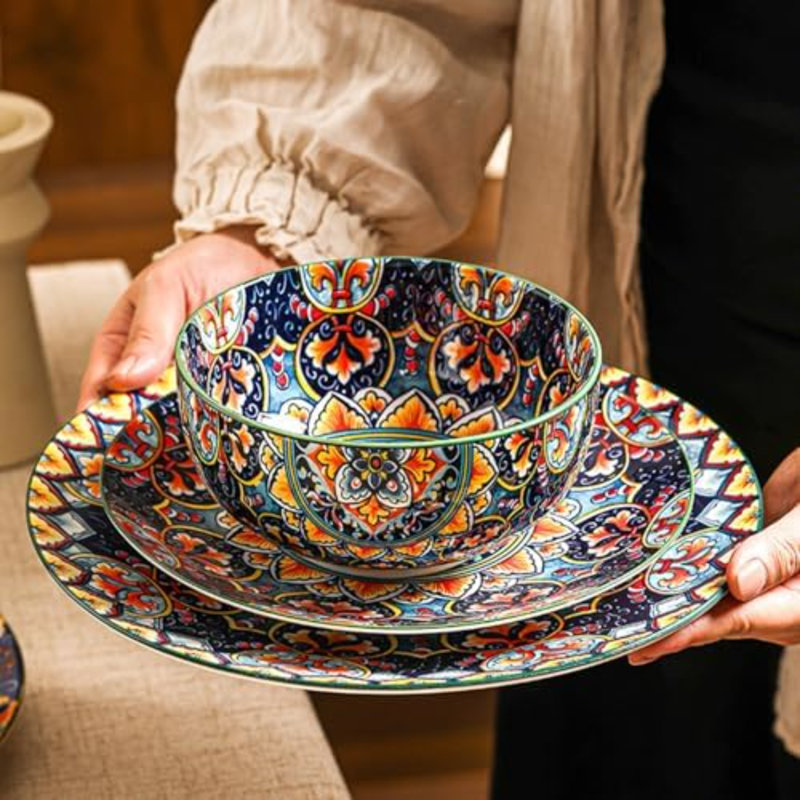 Service de table bohème en porcelaine de 12 pièces pour 4 personnes, assiettes et bols colorés
