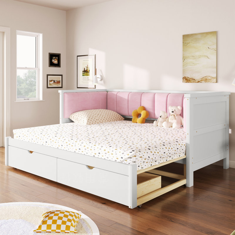 YDT Twin XL to King Daybed with Two Storage Drawers and Upholstered Backrest, White and Pink