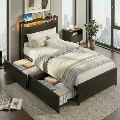 Twin Bed Frame with 2 DIY Storage Drawers, Modern Platform Bed with Charging Station & LED Light, No Spring Box Needed