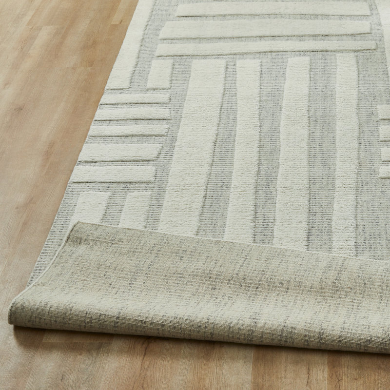 Tapis Weston Linear Mosaic ivoire et gris en laine faite à la main, 2' x 3'