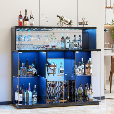 47"H Bar Cabinet with RGB Snsor Lights, Charging Station and Removable Wine Racks (No Fridge)