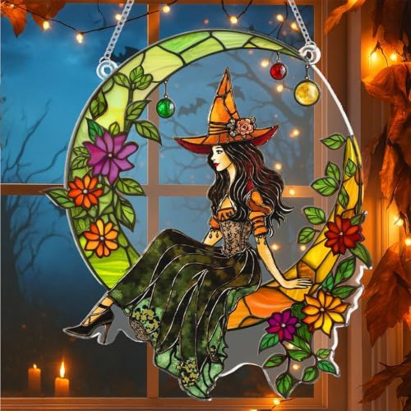 Figurine d'Halloween en acrylique, décorations d'Halloween mignonne attrape-soleil, cadeau fantôme mignon pour les amateurs de livres, décor d'automne gothique pour fenêtre, pour les femmes (sorcière de la lune)