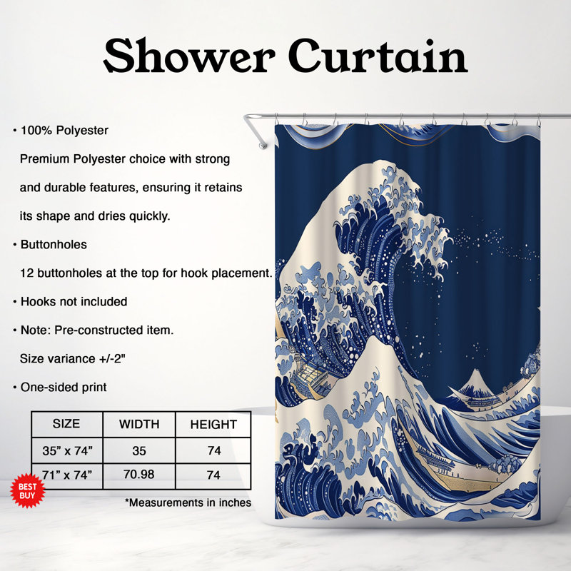 Rideau de douche standard 1 pièce Tsunami Wave, H 74 po x l 71 po