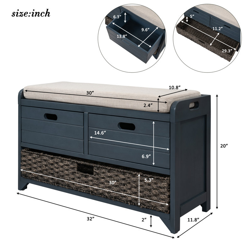 Storage Bench with Removable Basket & 2 Drawers - Fully Assembled Shoe Bench with Removable Cushion, Navy