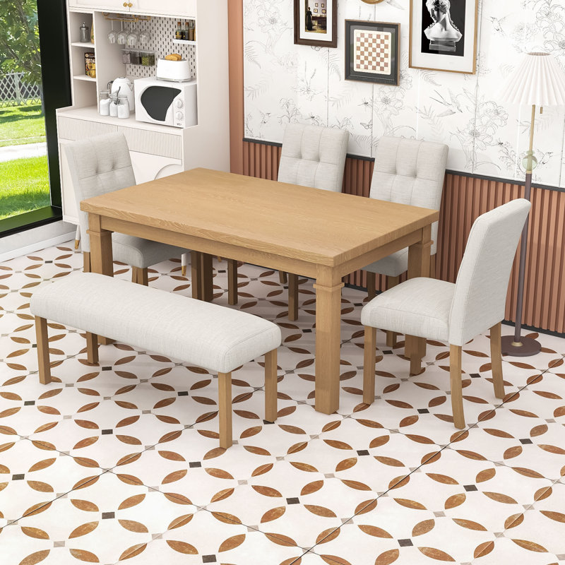 Ensemble de table de salle à manger 6 pièces Modern - table rectangulaire, chaises rembourrées et banc, Naturel