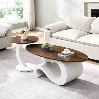 Living Room White Coffee Table , Oval 47.24'' And Round 19.69'' Tables, Elegant Appearance, Simple Setup Process