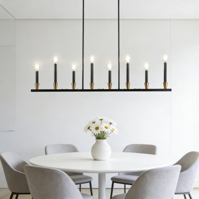 Modern Linear Chandelier With 8 Lights, Adjustable Height For Kitchen Island, Dining Room, And Living Room, Black And Antique Brass Finish, Mid-Century Industrial Style Pendant Lighting
