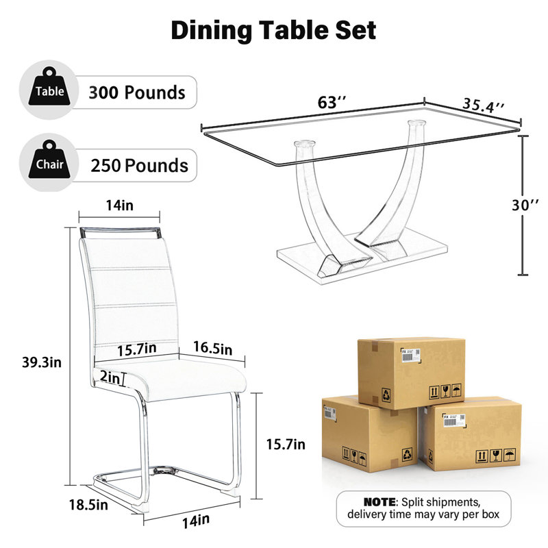 Ensemble de table de salle à manger 63 po en verre rectangulaire avec chaises en polyuréthane 4/6, pieds en métal, Blanc doré