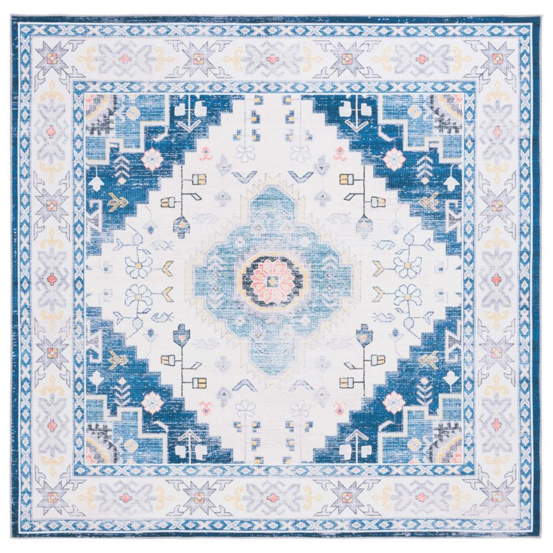 Arizona Bohemian Machine Washable Non-Slip Area Rug in Navy & Ivory, Square 183cm