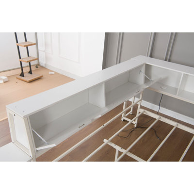 Structure de lit d'angle simple avec bibliothèque et 2 tiroirs de rangement sous le lit, lit moderne avec lumière DEL et station de charge, interchangeable gauche et droite, blanc