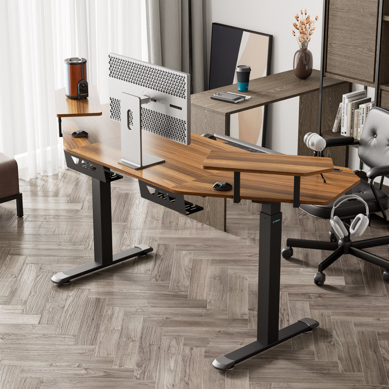 Adjustable Curved Metal Base Standing Desk, Walnut/Black