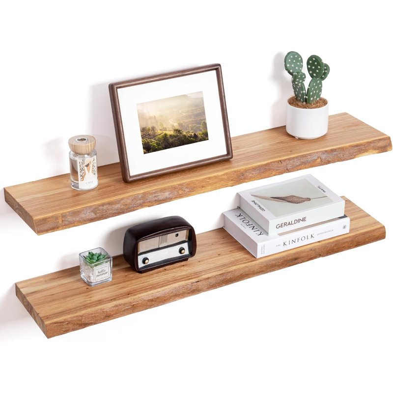 Millwood Pines Floating Shelves for Wall Decor, Rustic Solid Elm Wood Floating Shelves Wall Mounted, Wall Shelves with Invisible Bracket for Living Room Bathroom Bedroom Kitchen, Set of 2