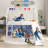 Jack Metal Junior House Twin Loft Bed with Slide and Curtain Set and Pennant Banner Flag and Star Stickers, White with Blue-391788446