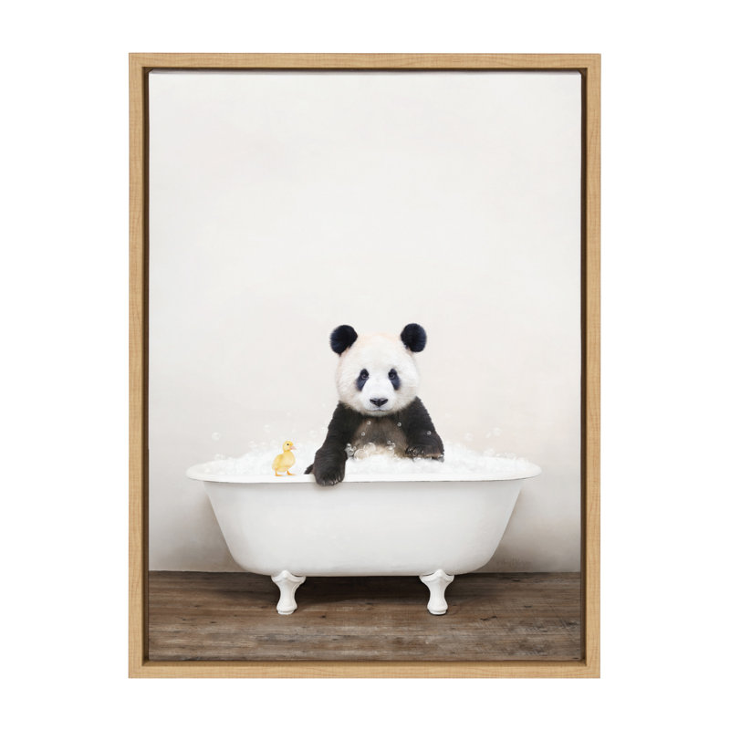 «Panda Waving in Rustic Bath» par Amy Peterson, reproduction d'art sur toile encadrée, Encadré naturel