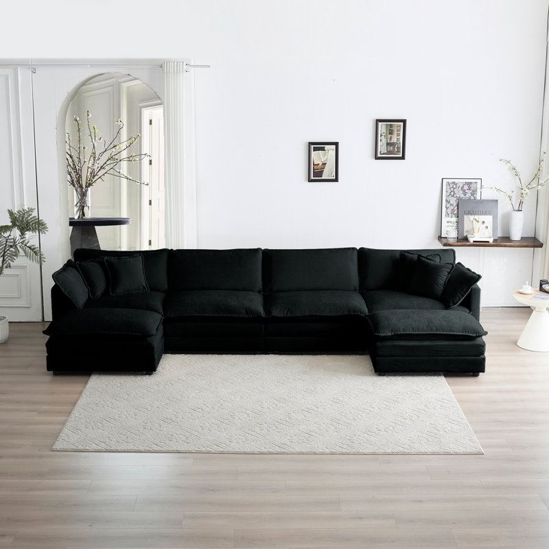 Canapé modulaire en U massif en forme de U en chenille noire avec porte-gobelets