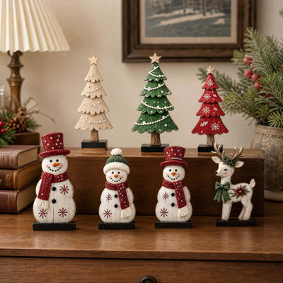 Décorations de Noël vintage en bois, ensemble de 7 panneaux à poser : bonhomme de neige, renne et sapin. Décorations d'hiver pour la table.
