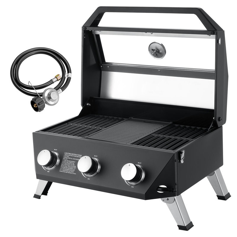 Gril à gaz au propane de table à 3 brûleurs avec fenêtre de visualisation