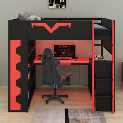 Lit mezzanine de jeu avec bureau et lumières DEL, tiroir de rangement, tablettes, panneau perforé et plateau à clavier, cadre de lit Gamer avec station de charge