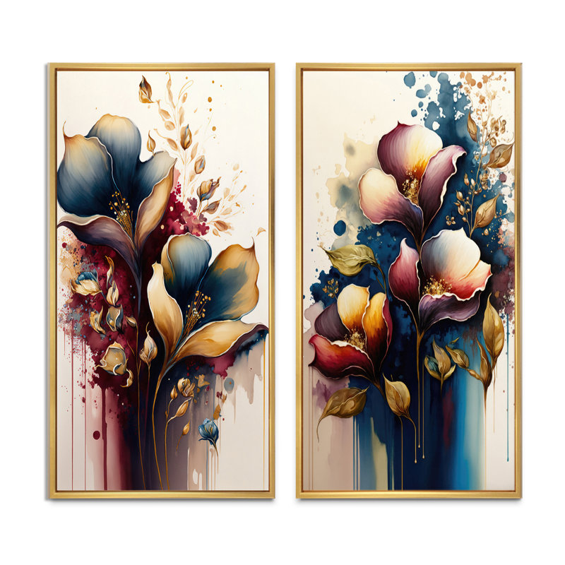 Ensemble de 2 art mural bleu et bourgogne «Cally Lily Bouquet II», Encadrement brun, H 20 po x l 24 po