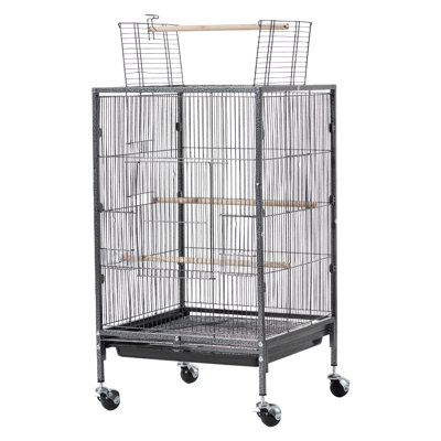 Cage à oiseaux, 45 x 45 x 75 cm, toit plat ouvert, volière en fer forgé avec perchoirs, plateau coulissant et mangeoires en plastique, roulettes, mésange bleue, calopsitte, canari, perruche ondulée, conure
