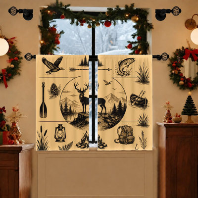 2Pcs Vintage Wilderness Scene Curtains, Light Filtering Fabric, Deer, Fishing, Camping Print, Privacy Protection, Rod Pocket Design, Suitable for Living Room, Bedroom, Balcony, Kitchen Home Decoration