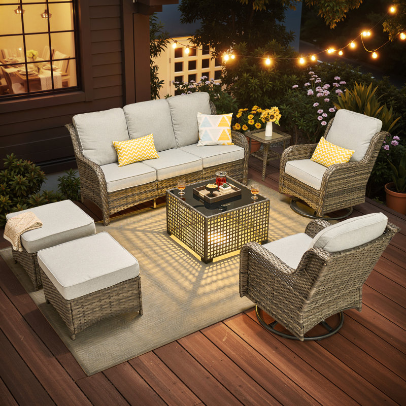 Ensemble de meubles de patio en osier toutes saisons 7 pièces Cracraft, 7 pièces: 3 tables, 2 chaises, canapé, repose-pi