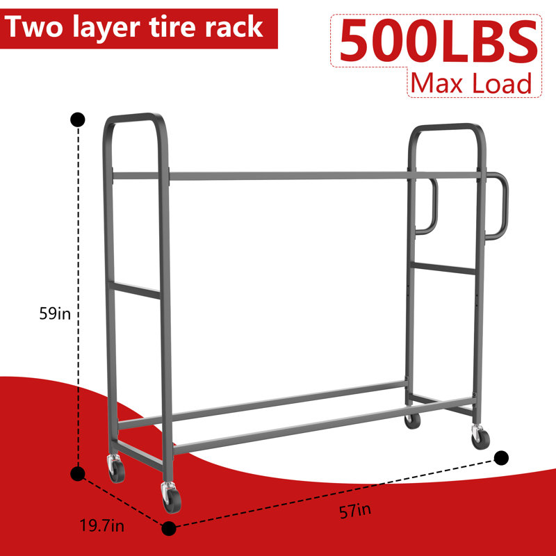 Étagère de rangement pour pneus robuste à 2 niveaux, étagère à roulettes et réglable avec 2 roues verrouillables et prise confortable, H 59 po x P 19,7 po x l 57 po, peut contenir 10 à 14 pneus pour le garage, l'atelier et le dépôt