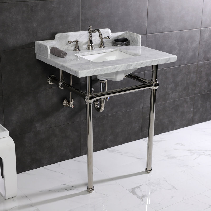 Kingston Brass Pemberton 30-Inch Carrara Marble Console Sink with Brass Legs (8-Inch, 3-Hole), Marble White/Polished Nickel