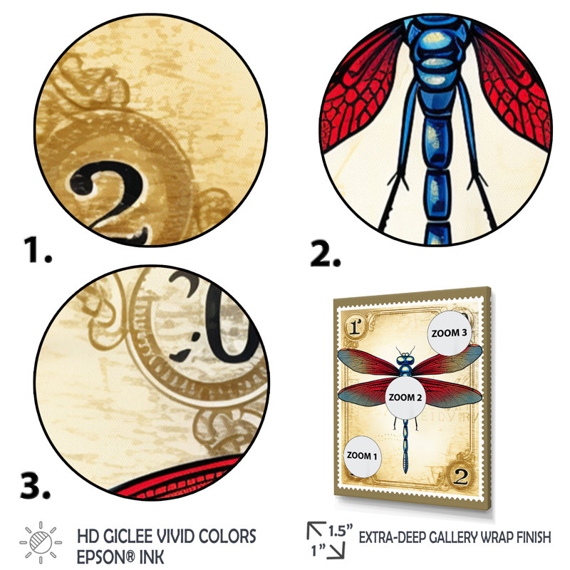 Illustration rétro de la libellule rouge, Cadre naturel flottant, H 32 po x l 16 po x P 1 po