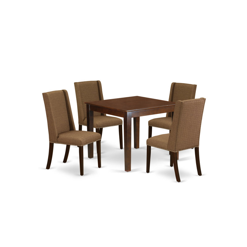 L'ensemble de table de salle à manger 5 pièces pour 4 personnes comprend une table de cuisine carrée et 4 chaises de salle à manger Parson en tissu brun, acajou