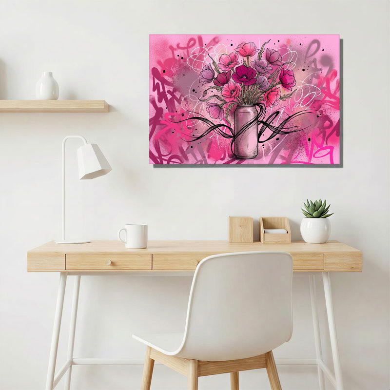 «Pink Poppies in Silver Can Graffiti», art mural sur toile, H 16 po x l 24 po