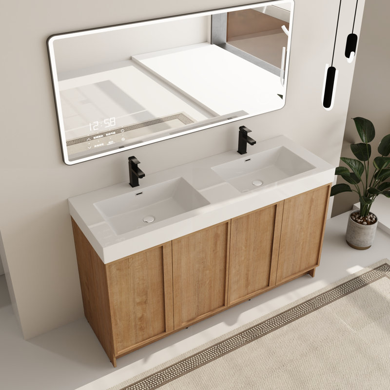 Ensemble de meuble-lavabo double autoportant 60 po avec plateau en résine Ithran, 60''