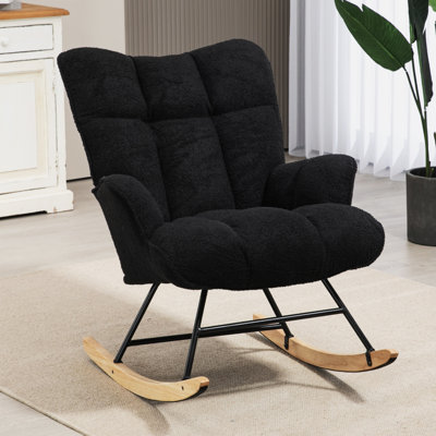 Teddy Upholstered Rocking Chair, High Back Glider Rocker Armchair with Solid Wood Legs for Living Room, Bedroom, Nursery