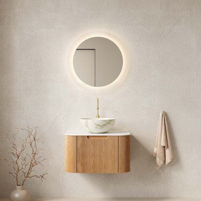Meuble-lavabo 24 po, meuble-lavabo rayé à bords arrondis avec tiroir, cuve en céramique blanc mat et plateau en pierre frittée blanc de Carrare, pré-assemblé