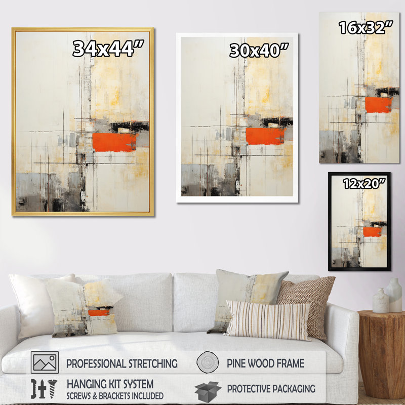 Abstrait pêche gris, collage sur toile - Collages abstraits sur toile, Cadre simple noir, H 32 po x l 24 po