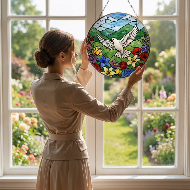 Panneau de vitrail 12 "H Dove Garden, H 12 po x l 12 po 