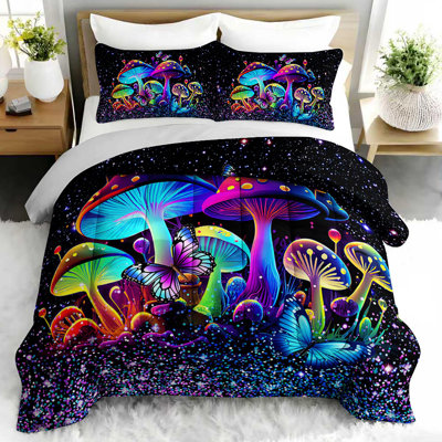 Psychedelic Mushroom Comforter Set, Trippy Bedding Set with 2 Pillow Cases, Soft and Machine Washable Bedding, All Seasons Comforter for Room Decor