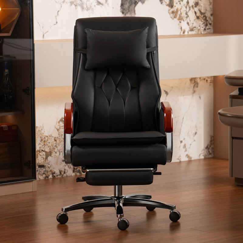 Kinnls Cameron Massage Office Chair with Heated Ventilation, Managerial Executive Desk Chairs Fully Reclining with Retractable Footrest, Ergonomic Genuine Leather Executive Chair Adjustable Headrest (Black)