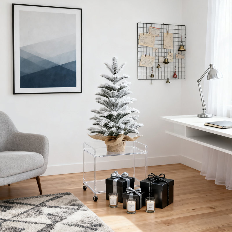 Mini Flocked Artificial Christmas Tabletop Tree with Burlap Base - Petite Winter Charm for Desks & Nooks