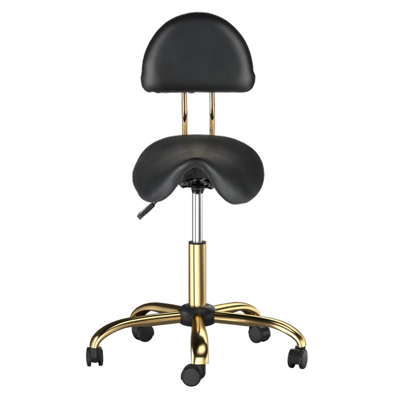 Drafting Chair,Ergonomic Saddle Stool With Back Support,Tall Adjustable Rolling Stool Black Gold, Black