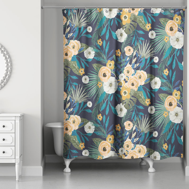 Ensemble de rideau de douche en polyester à motif floral tropical et crochets, Bleu